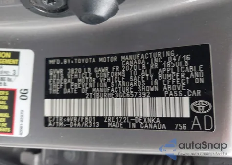 2016 Toyota Corolla Le from USA, damaged, VIN 2T1BURHE3GC657392